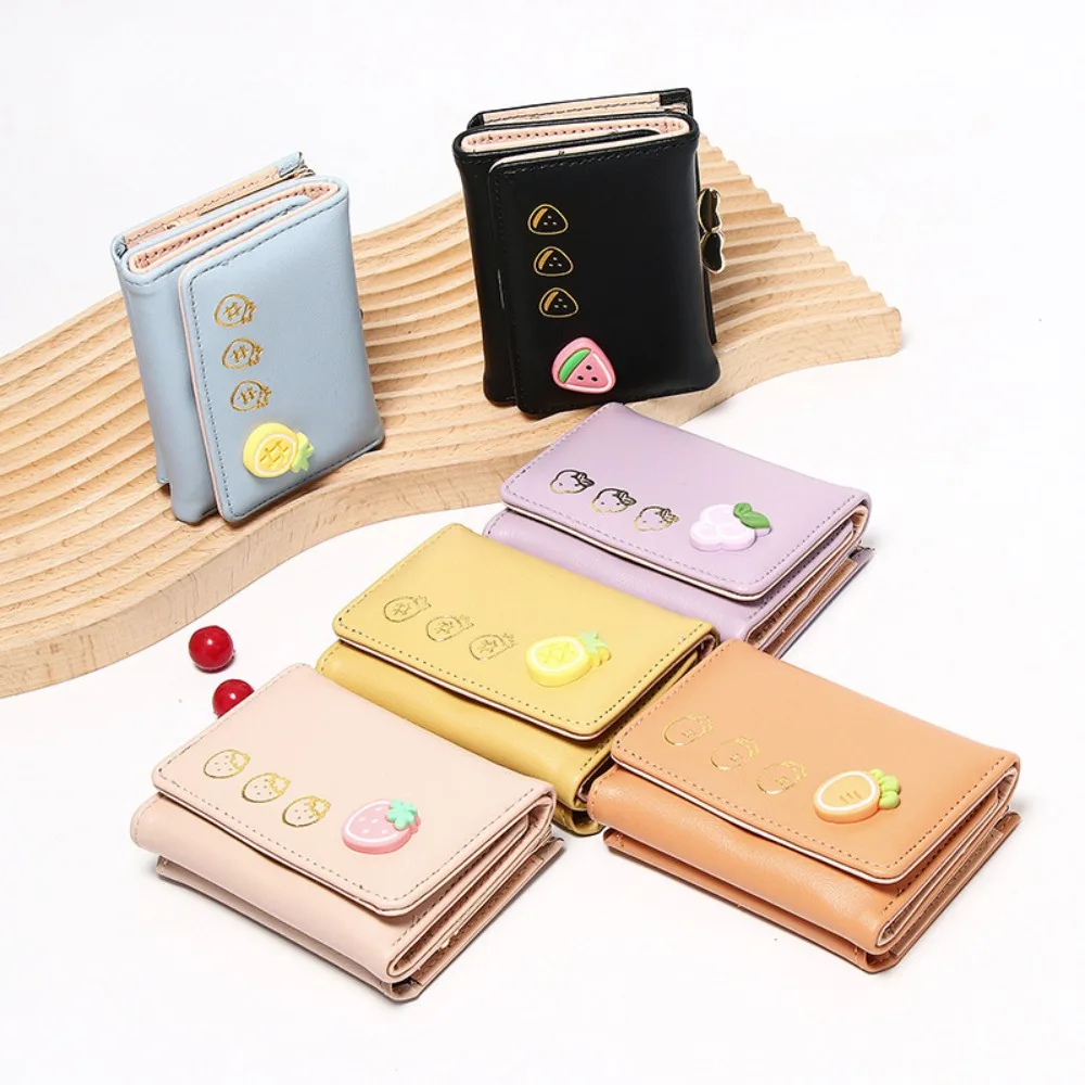 Cute Fruit Pattern Short Folding Card Bag PU Causal Trifold Wallet Sweet Candy Color Card Holder Ladies