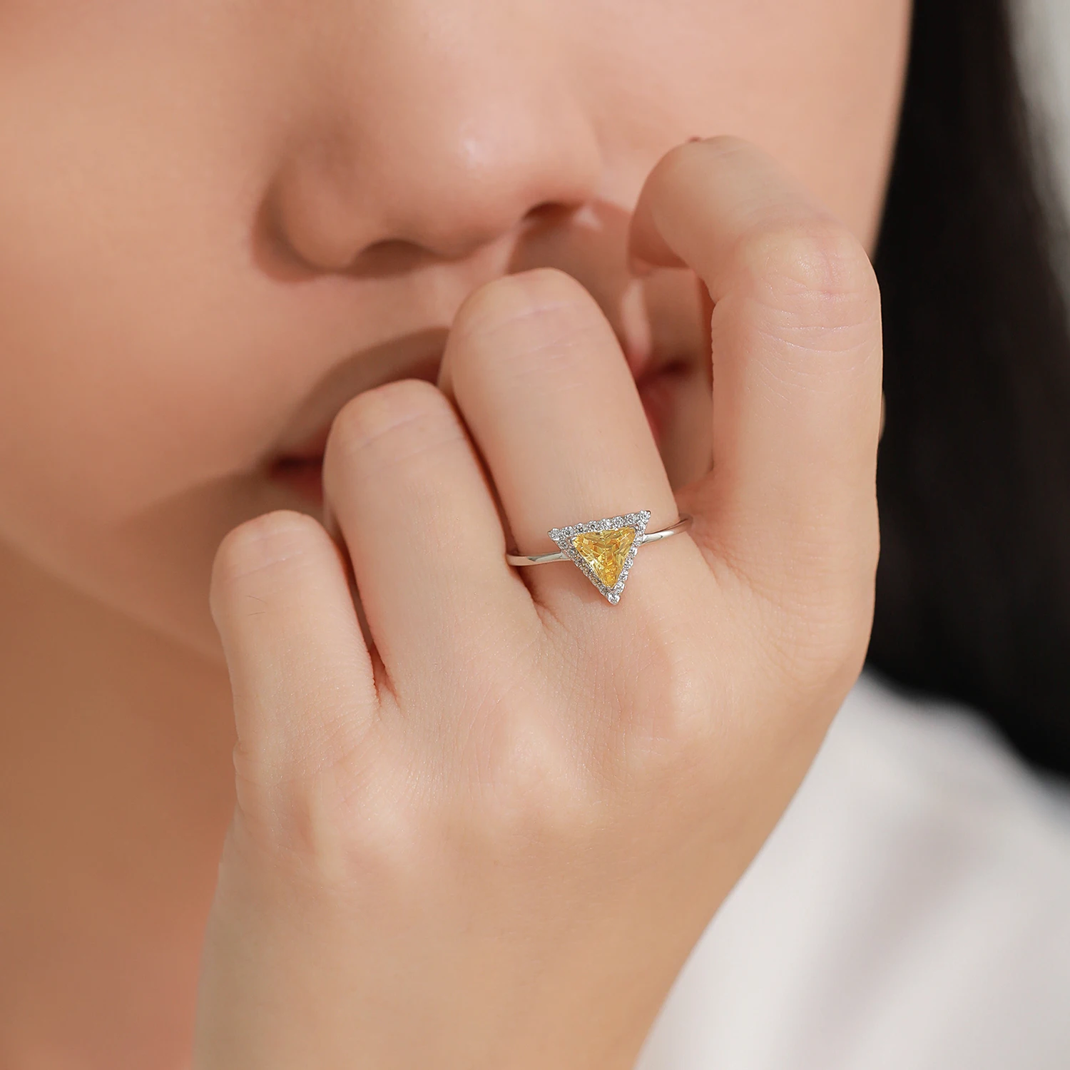 Ailmay 925 Sterling Silver Gold Yellow Zircon Triangle Geometric Rings For Woman Wedding Ring Jewelry Anniversary