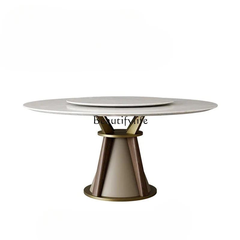 Natural marble dining table high-end Italian light luxury medium and ancient style household with turntable
