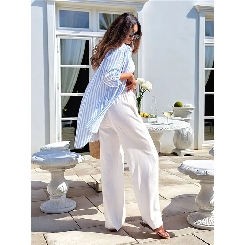 ABRT-Kemeja Berkancing Wanita Atasan Blus Berkerah Longgar Pacar Lengan Panjang Kasual