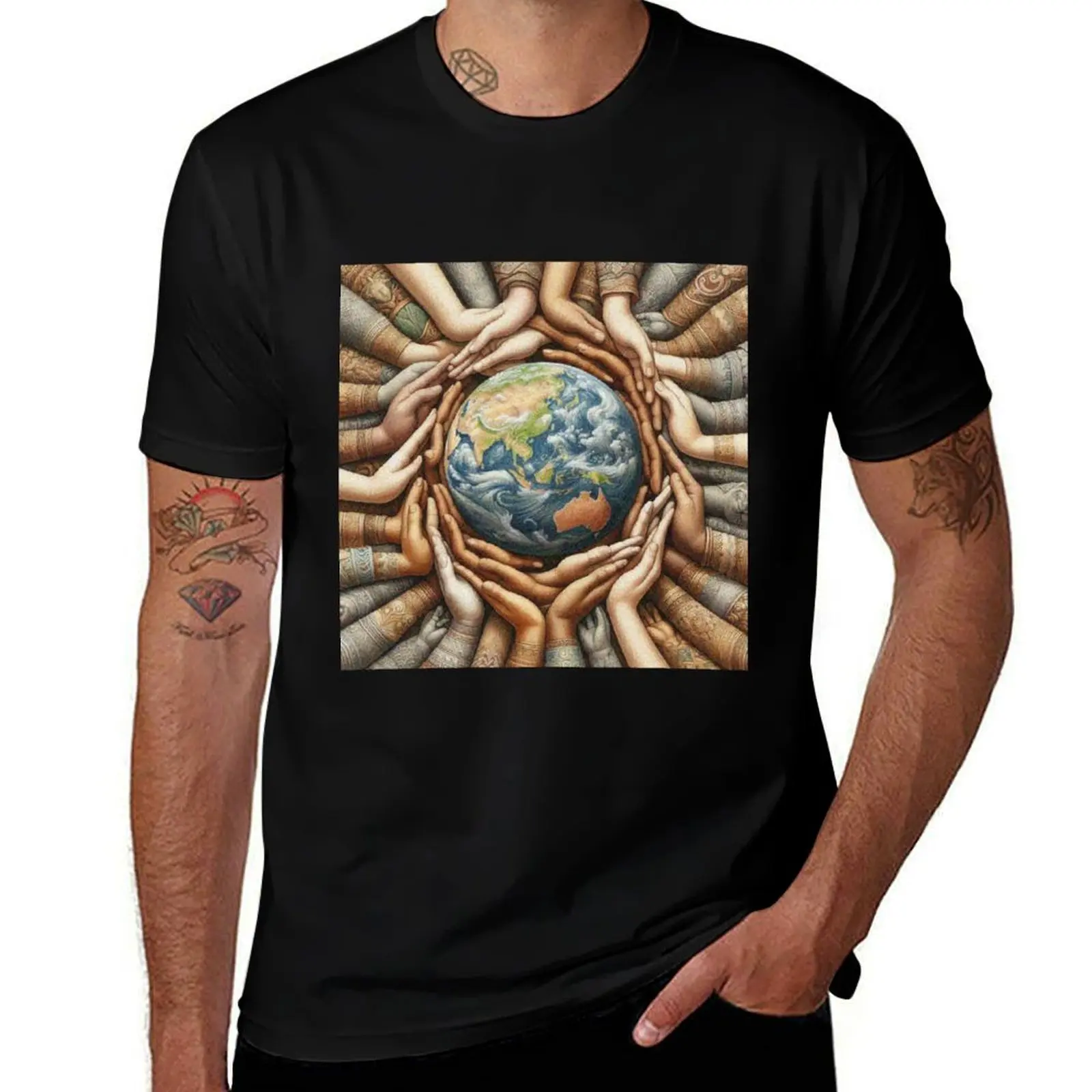 Hands Holding Earth – Camiseta de arte ambiental y de la unidad en la diversidad, paz mundial, regalos divertidos, camisetas pesadas para hombres