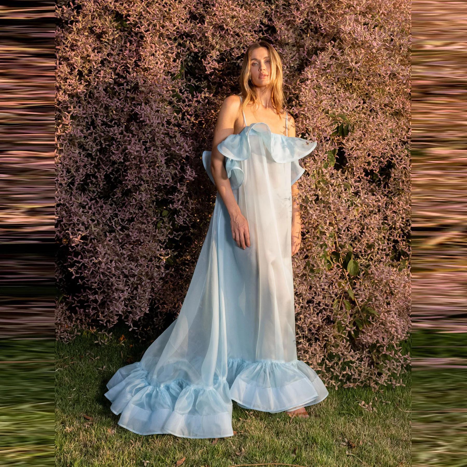 Blauwe chiffon maxi-jurk zomer Boho off-shoulder kanten bloemen feestjurk op maat gemaakte dames zomerfeestjurk kapmouwtjes 2025