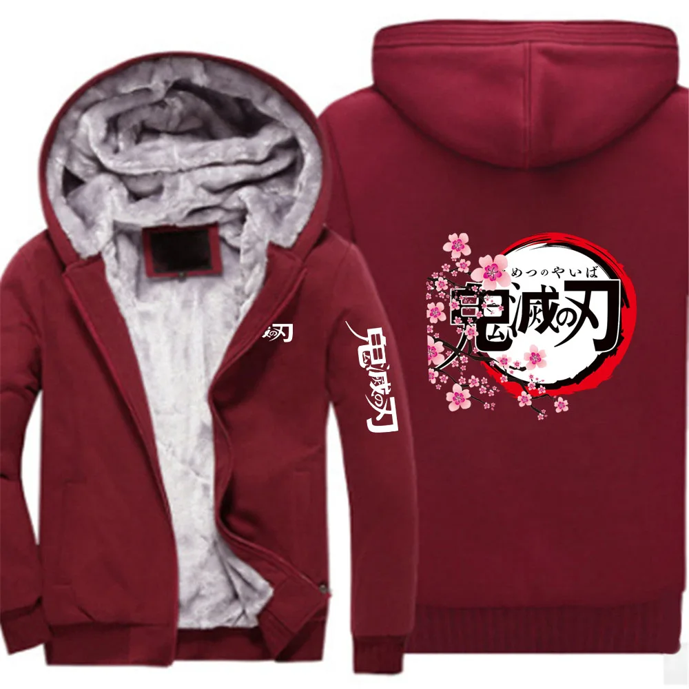 Anime demon slayer 2025 novos homens zip up hoodies moletom de lã casual meia cúpula zip completa com capuz engrossar casaco quente