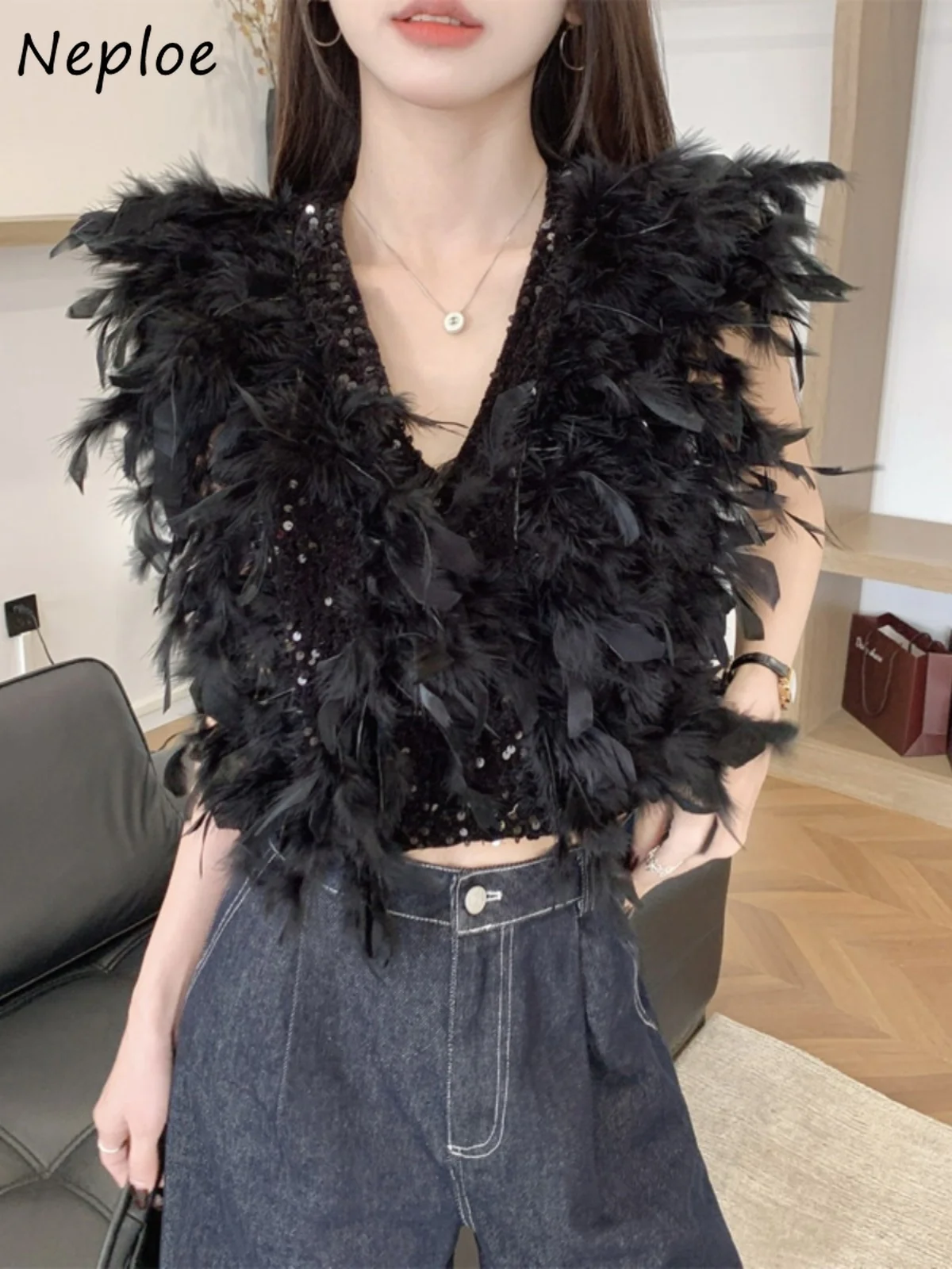 

Neploe Short Pullover Sequin Tassels Women Clothing Advanced Heavy Minority Feather Patchwork Vest All-match Sweet Trendy Jacket
