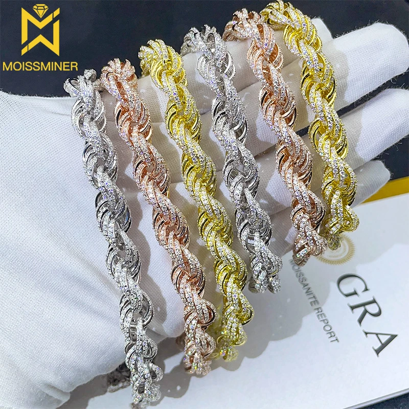 10mm Moissanite Twists Bracelet Necklace S925 Silver Iced Out For Men Women Hip Hop Jewelry Pass Diamonds Tester With GRA