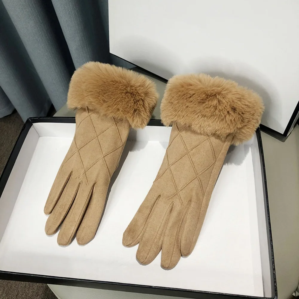 Sweet Suede Winter Fleece-lined Gloves Plaid Plush Touch Screen Gloves Windproof Keep Warm Women Cycling Mittens Riding