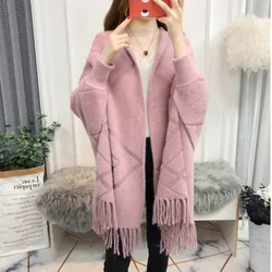 #4007 Autumn Winter Mink Cashmere Ponchos And Capes Women Warm Thick Cardigan Kimono Shawls And Wraps Femme Pink Beige Khaki