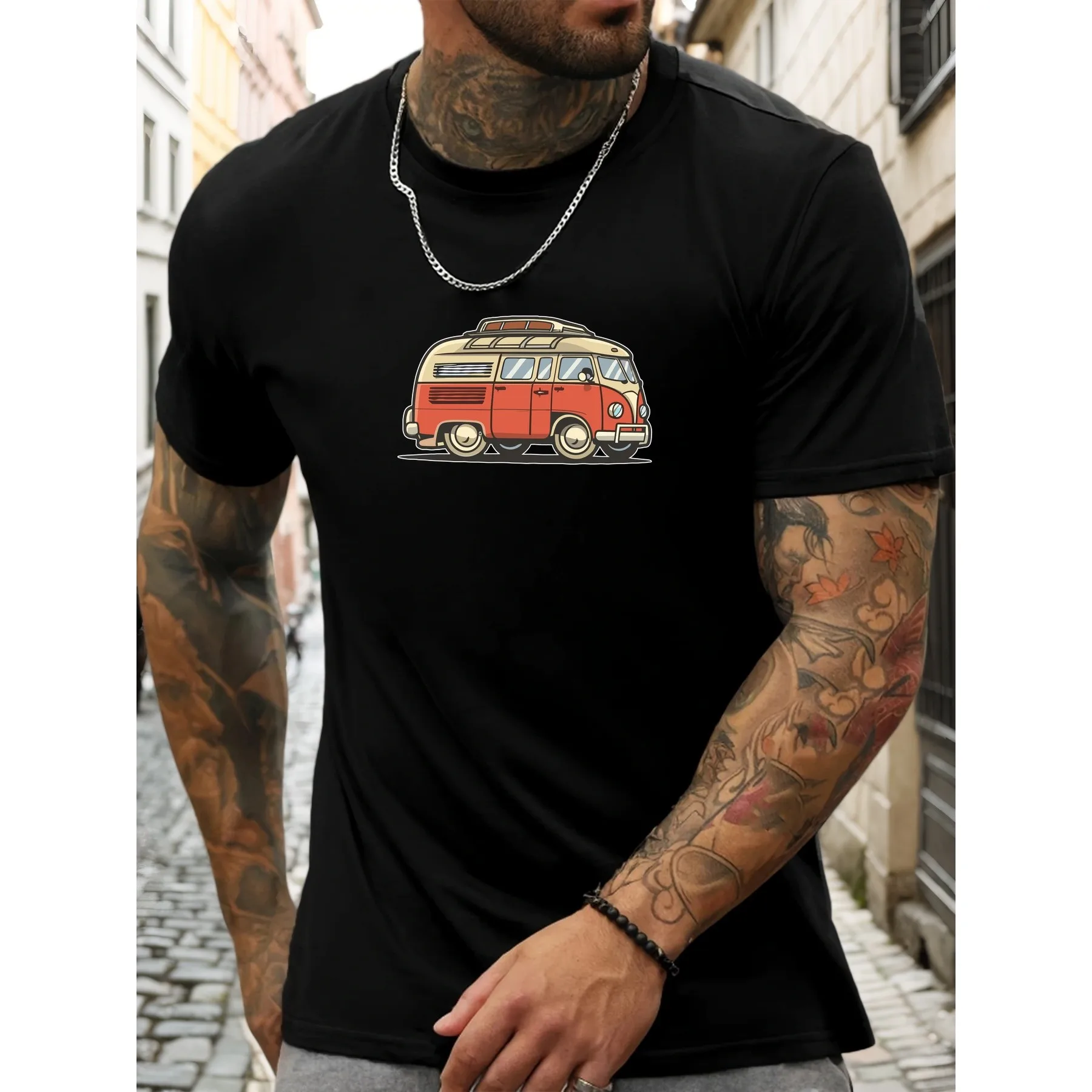Vintage VW Bus Graphic Men's Cotton T-Shirt Summer Casual Short Sleeve Breathable Round Neck Tee