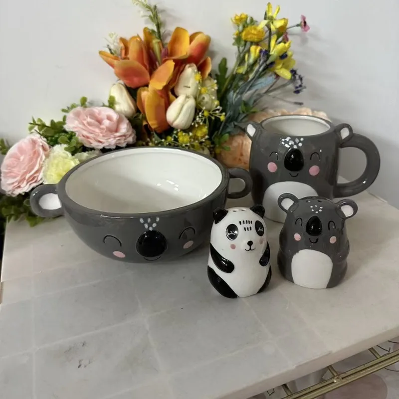 Cute Cartoon Animal Ceramic Tableware,Koala Panda Shaped Bowl Mug Salt Pepper Shaker,Hand Painted Kitchen Dinnerware Decor Gift