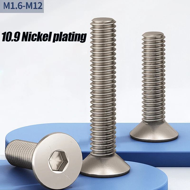

5/10/20pcs M1.6-M12 Grade 10.9 Steel Nickel Plated Countersunk Hexagon Hex Socket Head Flat Countersunk Bolt Screw Length 3-60mm
