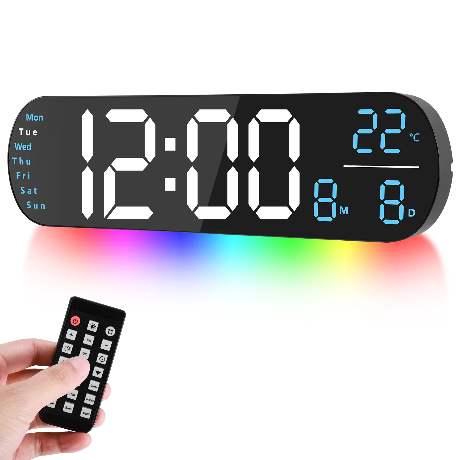 Large Digital Wall Clock with Remote Control 13.7’’, Auto Brightness, 9 RGB Ambient Light, Dual Alarm Clock&Timer, 12/24H Mode