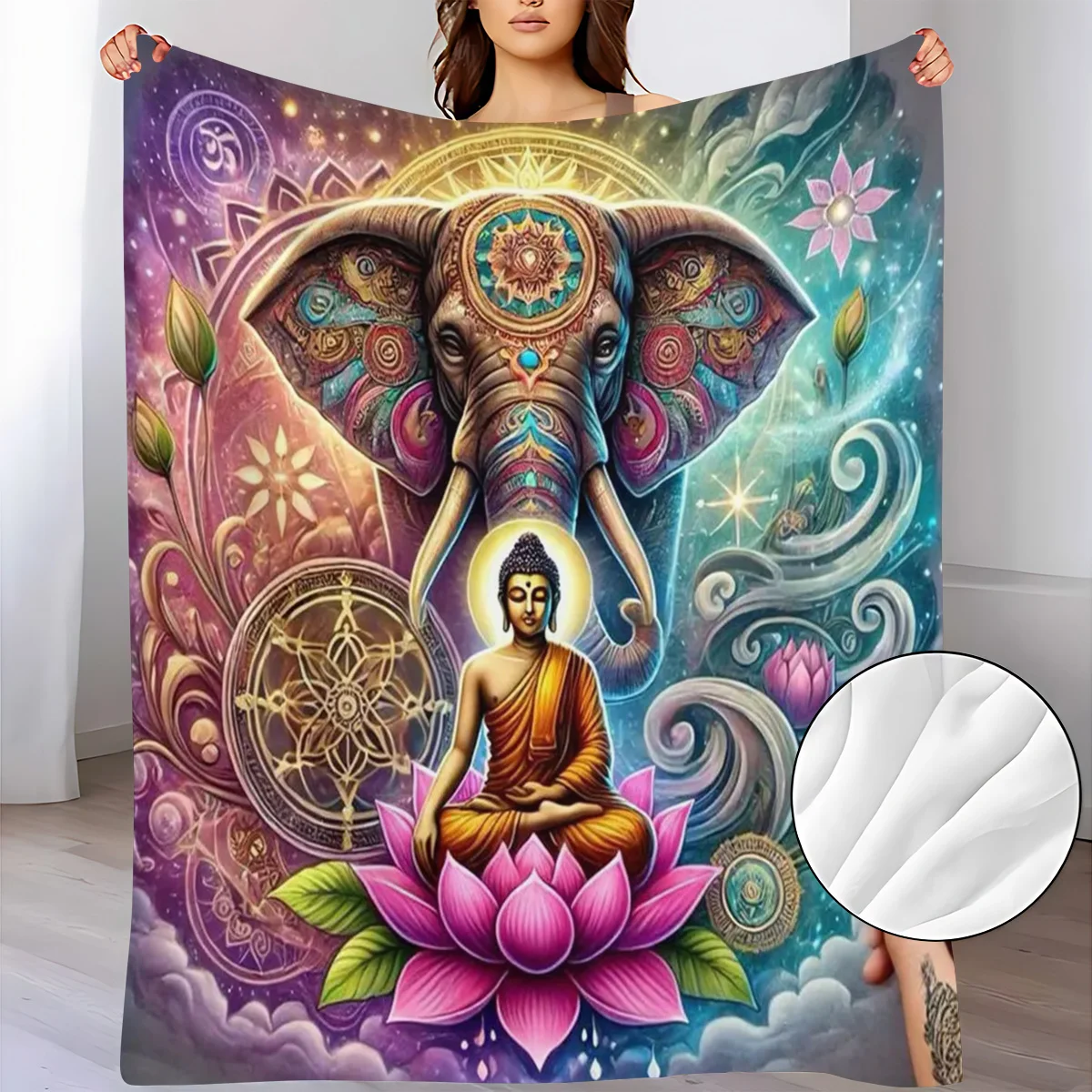 Elephant and Buddha Spiritual Realm Pattern Flannel Small Throw Blanket, a Soft and Warm Blanket Suitable for Sofas, Home Leisur