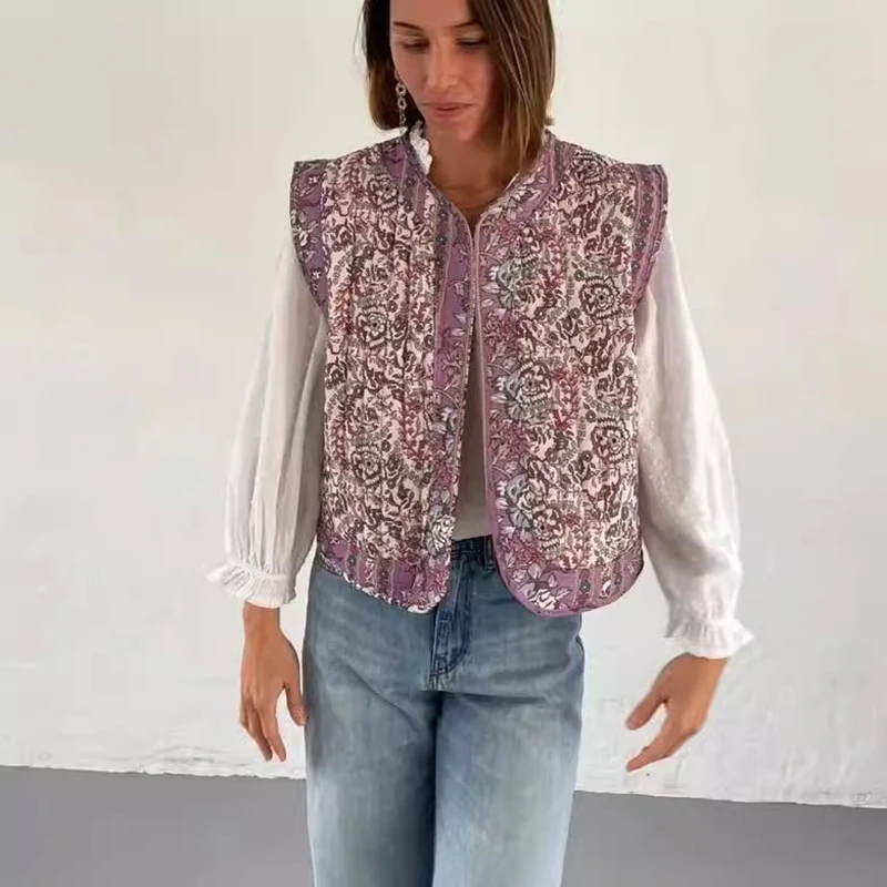 Chaleco de algodón estampado para mujer, chaqueta elegante de algodón acolchada corta con estampado de flores, cuello redondo Retro para ir al trabajo, novedad de 2024