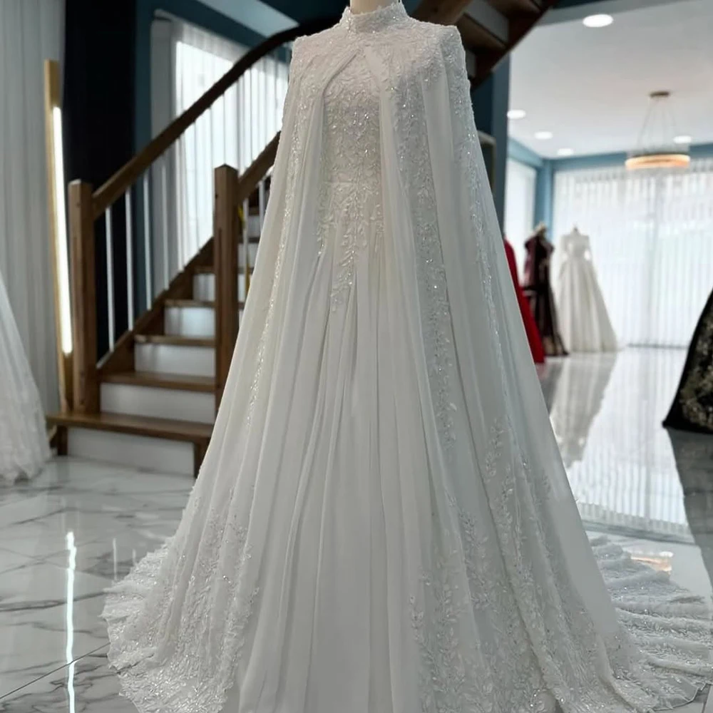 

Muslim Wedding Dresses with Cape High Neck Long Sleeve Chiffon Sequin Beading Hijab Bride Bridal Dress Customized robe de mariée