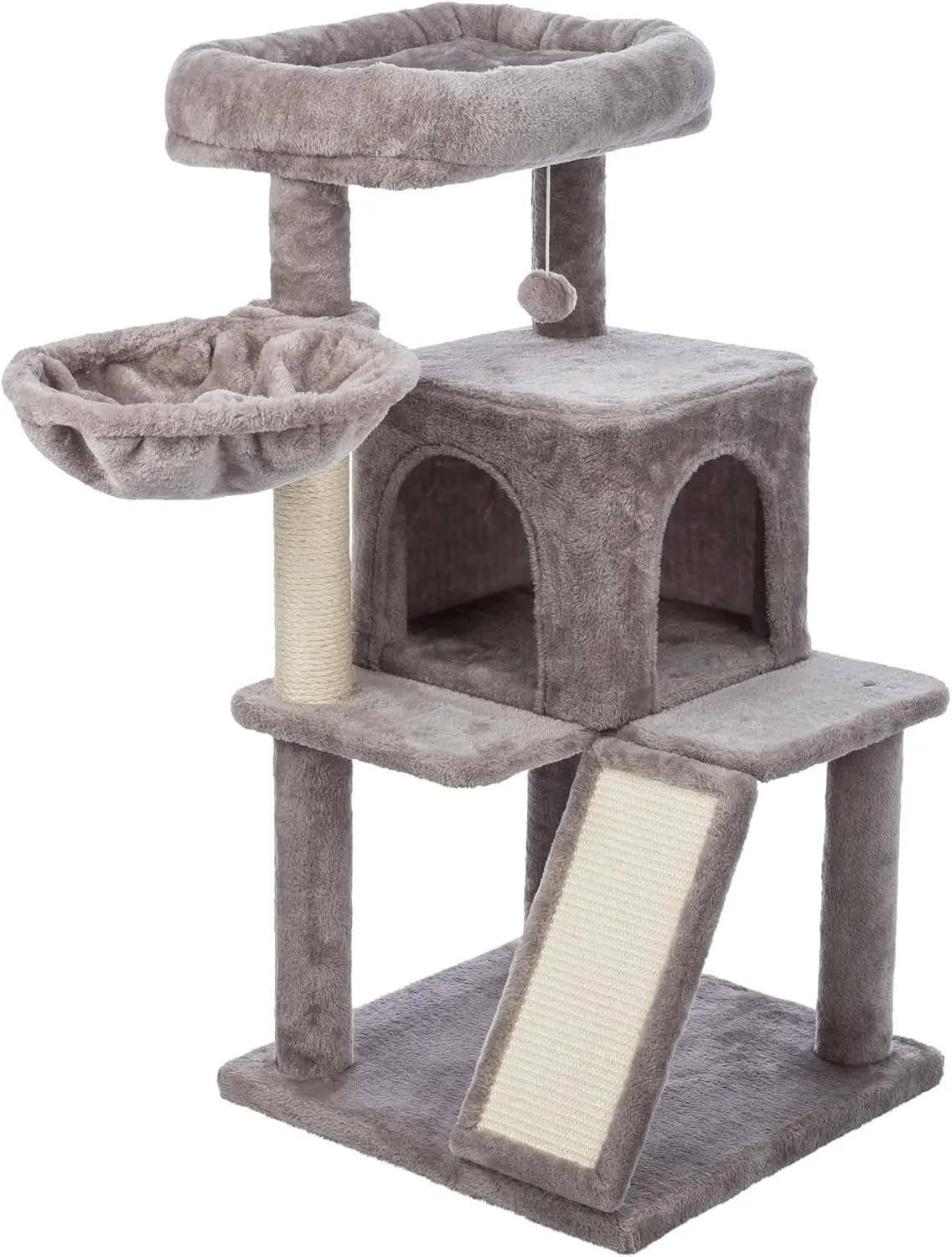 

Кошачья лежанка Pepito 39,4 дюйма, 3-уровневая лесенка для кошек с сизалевыми столбиками для царапания и пандусом, плюшевым домиком и гамаком