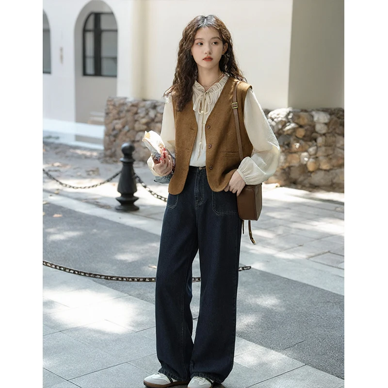 Otoño coreano sensación de gama alta mujer ligero Maturi Sle irt chaleco Jeans camiseta conjunto de piezas Faionable Casual largo Sve irt