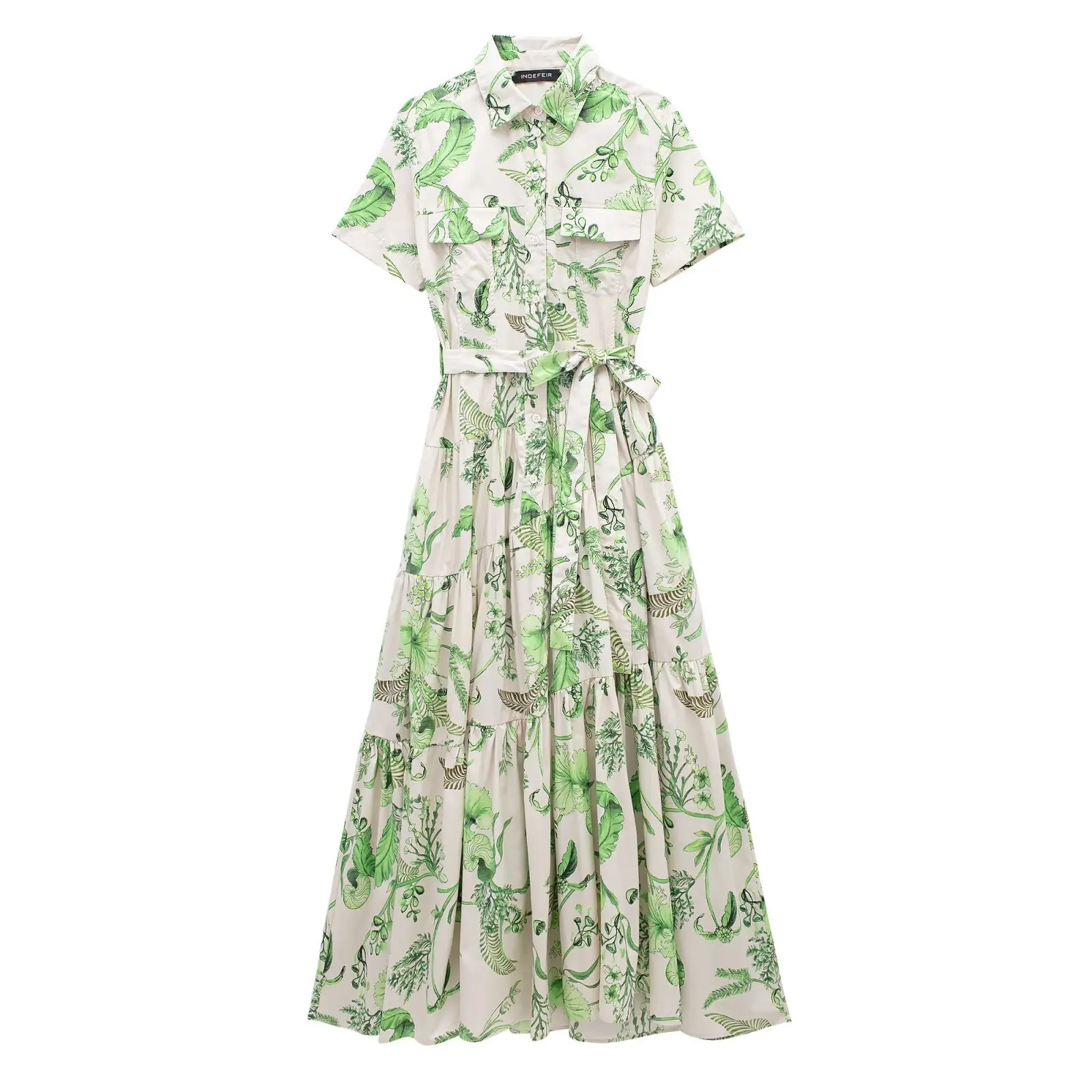 Elegante vestido estampado feminino, estilo de camisa, manga curta, cintura de gravata, peito único, vestido floral solto