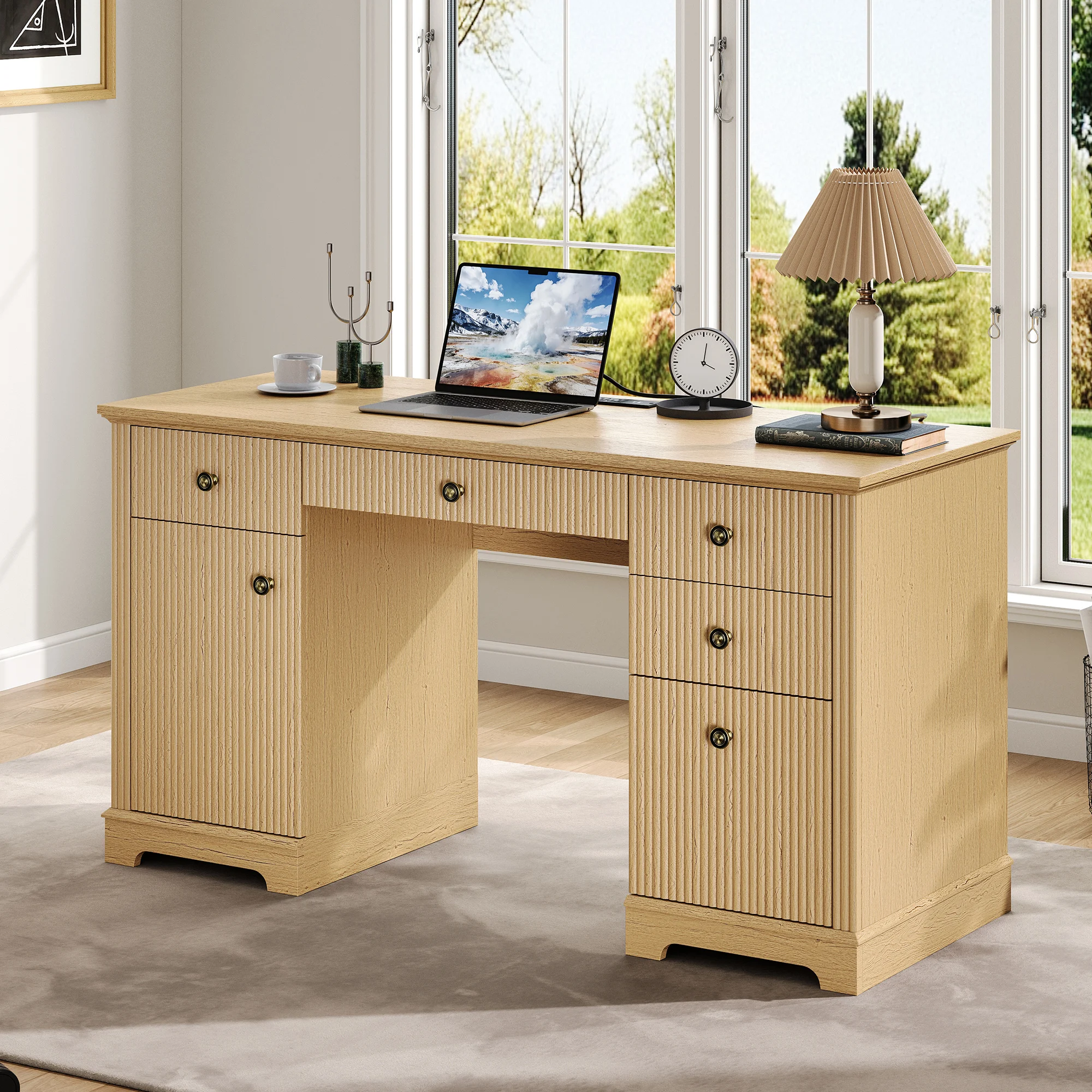 

58-inch Modern Executive Desk, with Includes Charging Station, Document Drawers, and Storage Cabinets Great for Study Bedroom