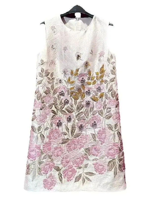 

Exquisite Jacquard Lady Evening Party Dress Summer Luxury Diamonds Beads Sleeveless A-line Dress Elegant Women Short Mini Dress