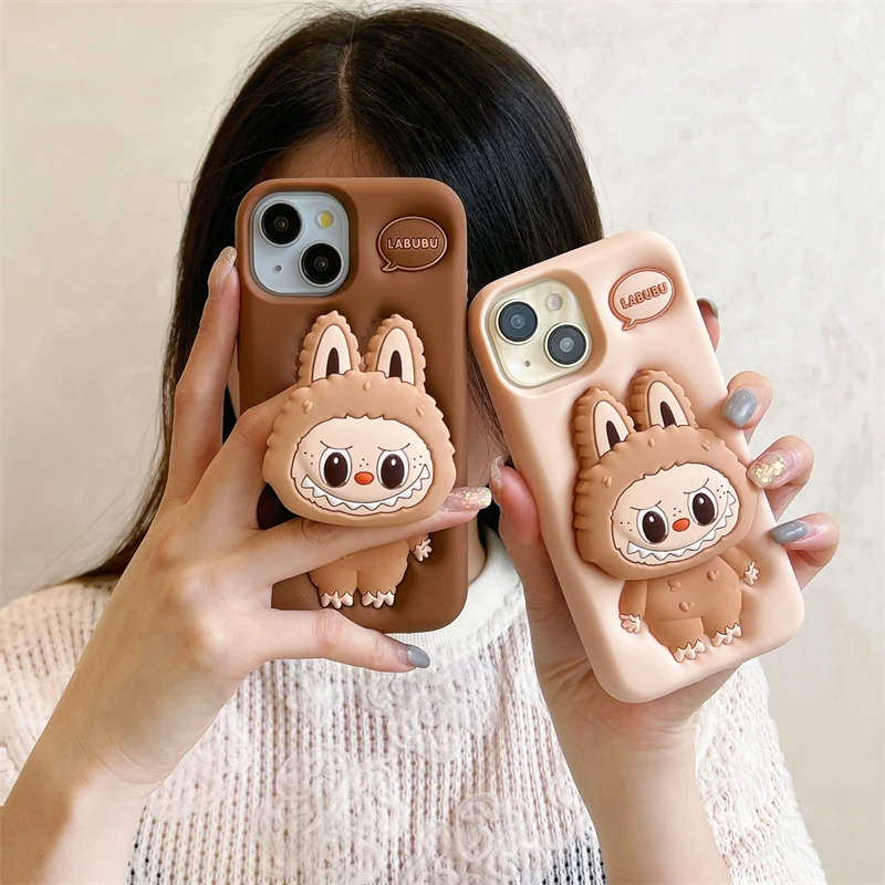 3D Labubu Custodia per telefono carina per iPhone 16 promax 15 14 Plus 13 12 Pro Max 11 Kawaii Grip Tok Holder Cartoon Custodia morbida in silicone