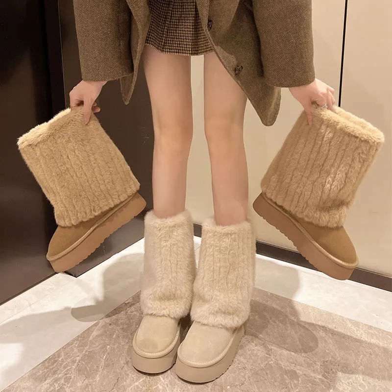 

Women's Winter Thick Bottom Fur Boots Mid-Calf Heightening Snow Boots Casual Style Fleece Lined Iceland Inspired Outerwear
