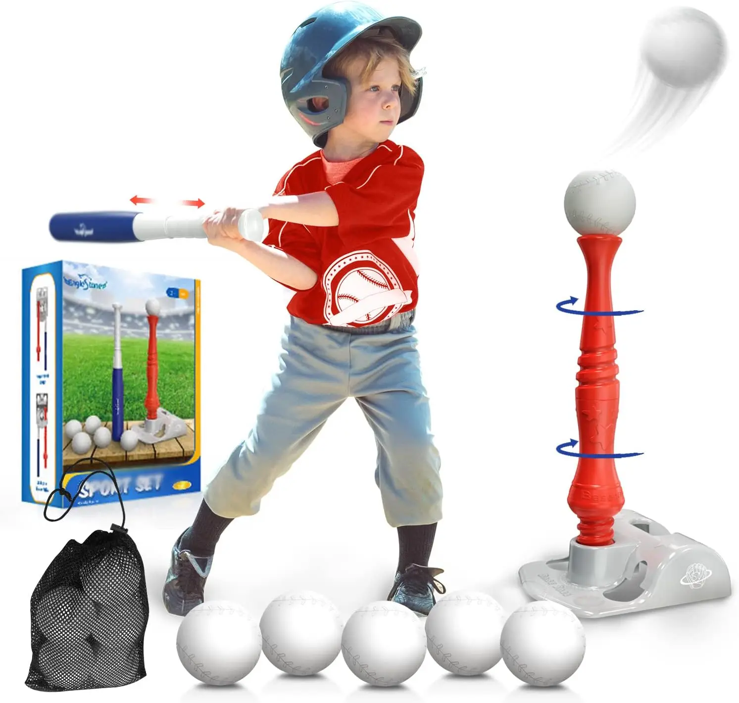 EagleStone T-Ball Sets, 6 Balls, Adjustable Batting Tee, Outdoor Baseball for Kids 3-12