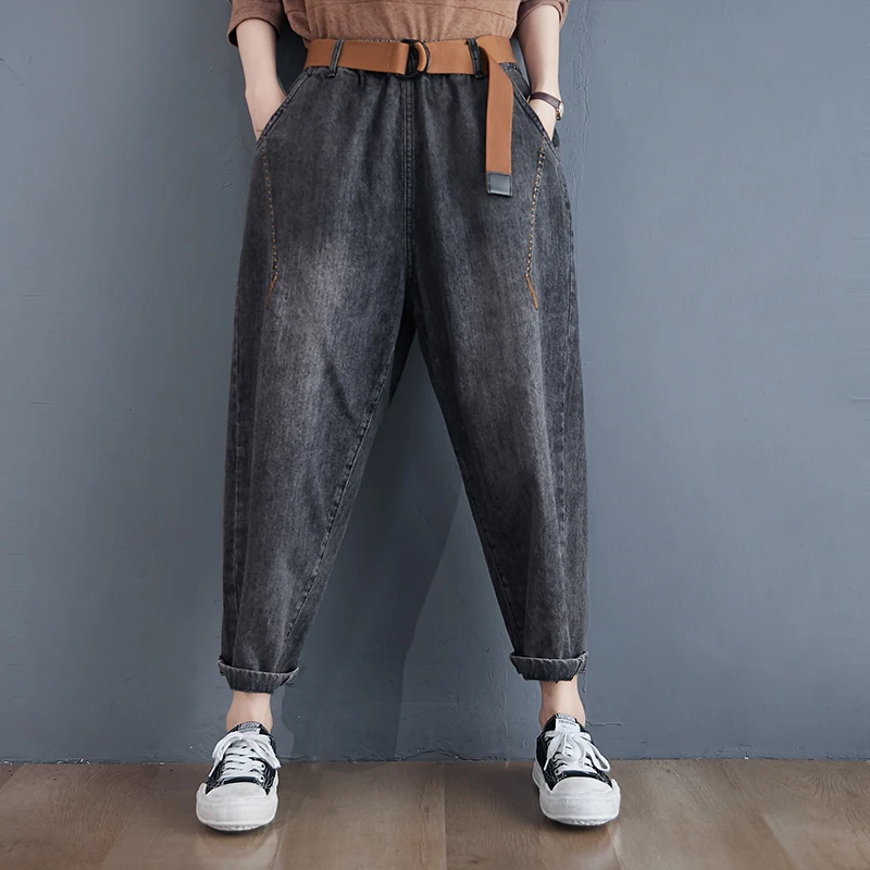 กางเกงฮาเร็มเอวยางยืดสำหรับผู้หญิง สไตล์ลำลอง ทรงหลวม ดีไซน์ศิลปะ ไซส์ใหญ่ สำหรับสาวอวบ กางเกงยีนส์ขายาวทรงสลิม ใส่ได้หลายโอกาส สไตล์ Dad Jeans