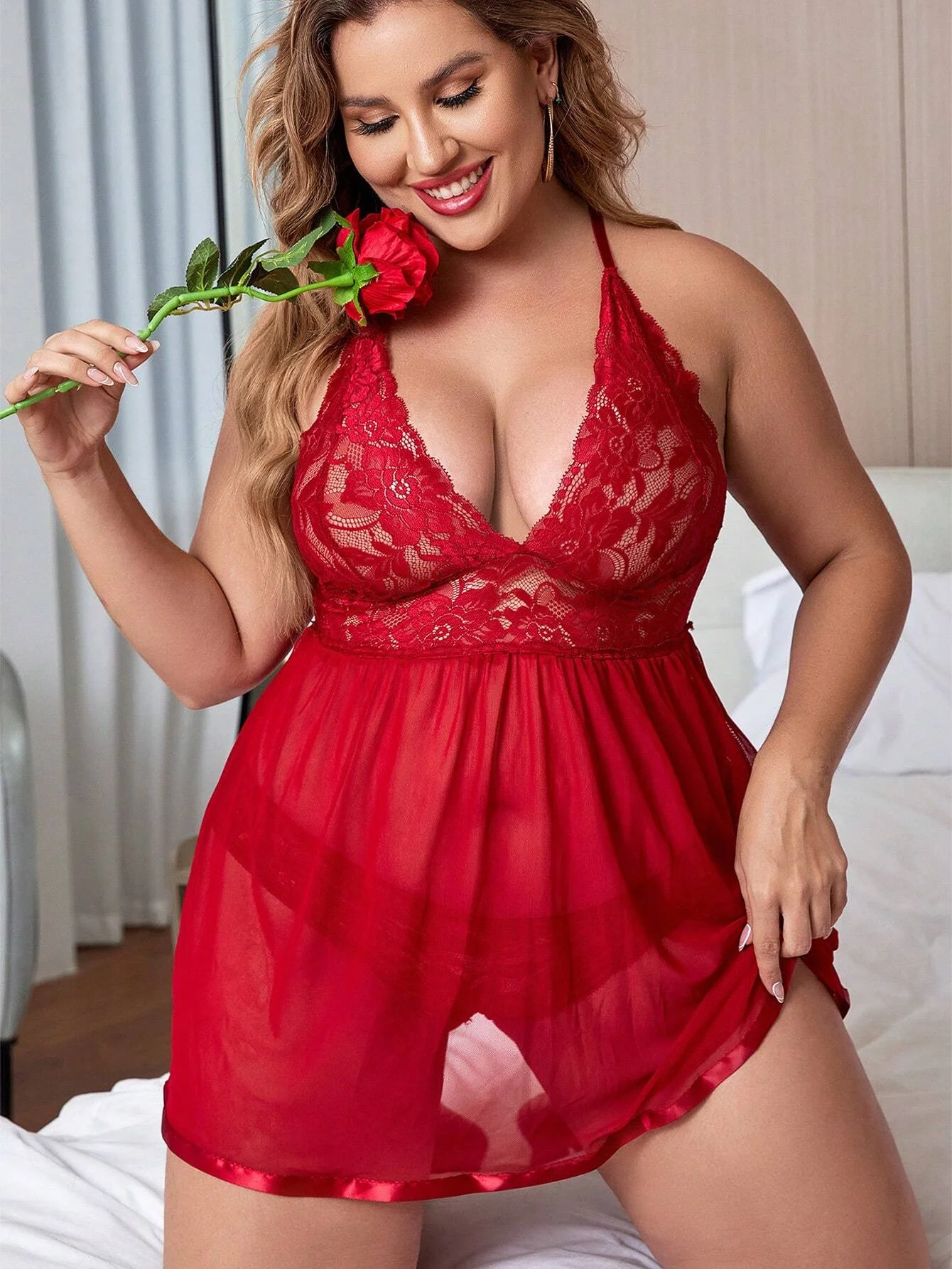 女性用レースランジェリー,オープンバックのベビードール,ラージサイズ