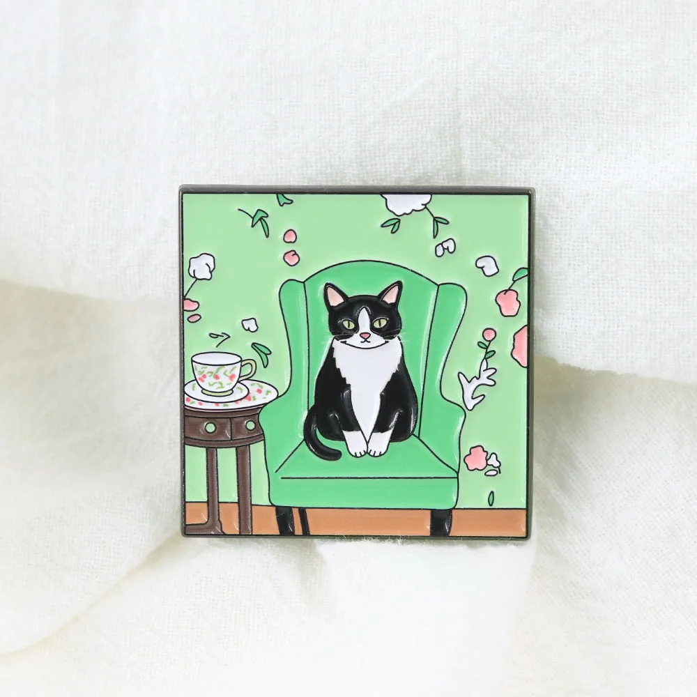 Funny Tuxedo Cat Enamel Pin Vintage Folk Art Style Cat On Green Armchair Brooch Cute Kitten Tea Time Badge For Cat Lovers Gift