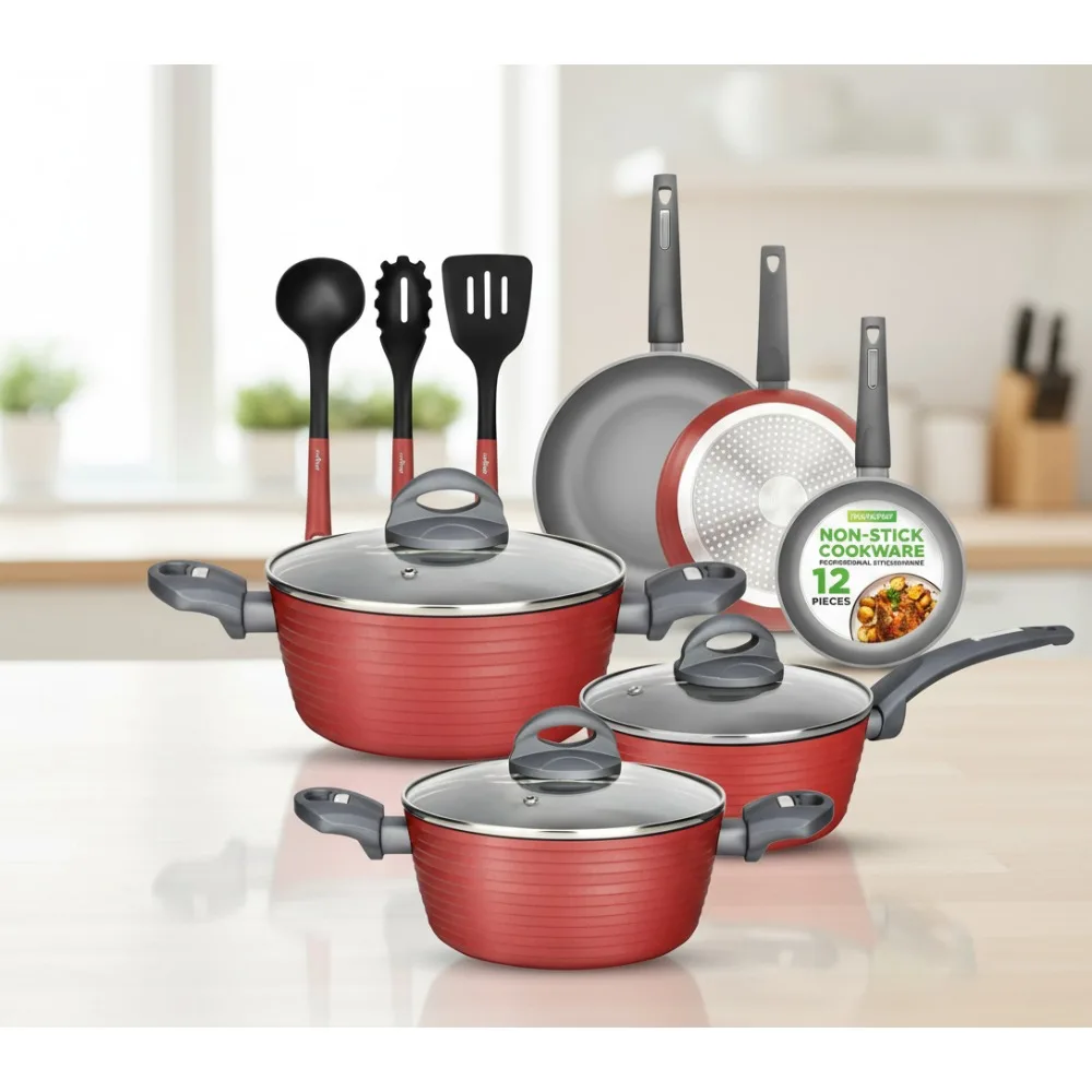 

12-Piece Nonstick Cookware Set, PTFE/PFOA/PFOS-Free, Heat Resistant, Induction Ready for Home Chefs