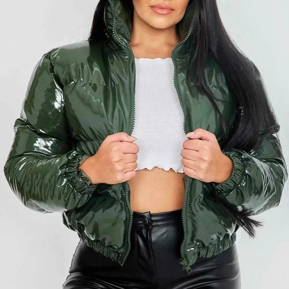 Neon Color Cotton Jacket Mirror Surface Stand Collar women Quilted Coat Crop Tops Short Jacket Women Cotton Padded Coat