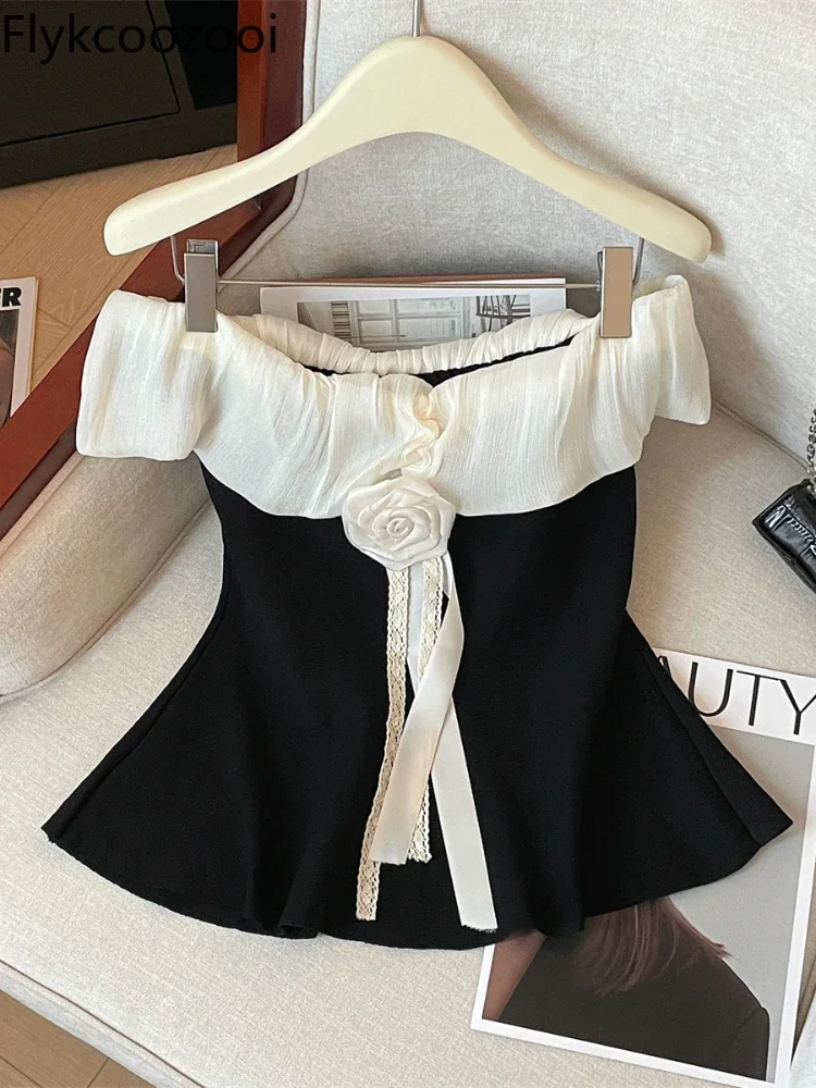 High-end Satin Three-dimensional Flower Ribbon Sweater for Women Summer Ruffle Skirt One-shoulder Mainland China Halter Top