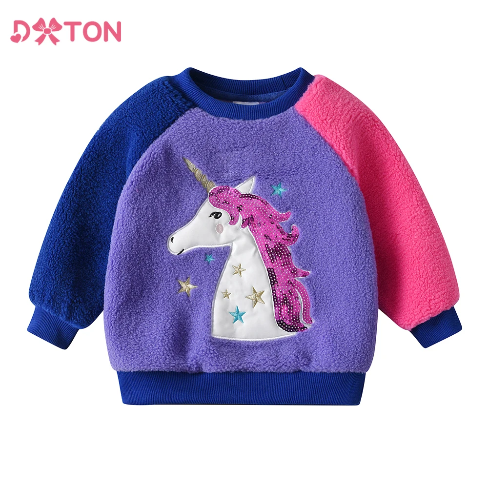 

DXTON Kids Girls Fleece Pullover Sweatshirt Autumn Winter Warm Polar Fleece Girls Top Sequin Unicorn Applique Children Clothing