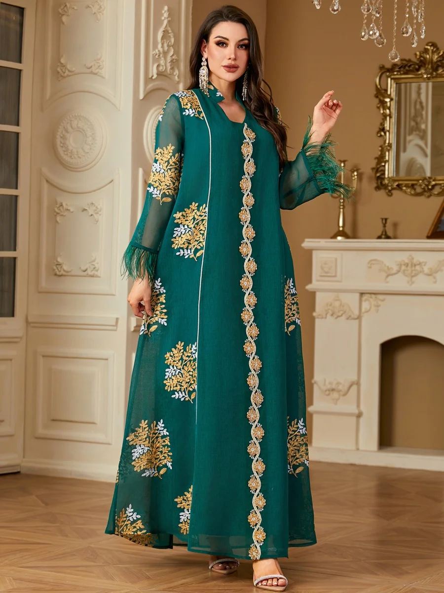 Siskakia Dubai Blumenstickerei Abayas Muslim Mesh Federn Kleid Modest Kleider für Frauen Abend