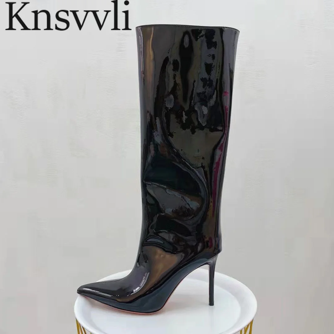 

Sexy High Heels Knee High Boots Woman Patent Leather Pointed Toe Runway Shoes Women Black White Stiletto Long Boots Women