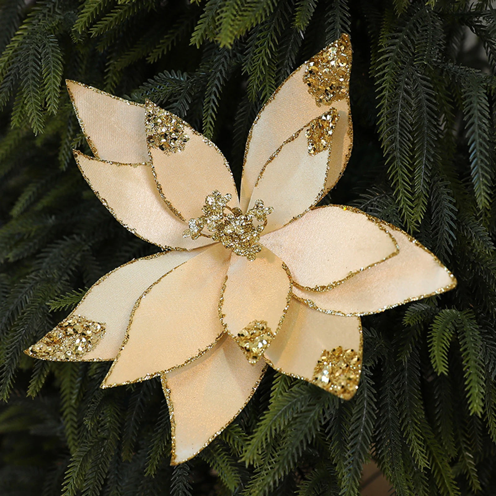 Artificial Christmas Flowers Shiny Floral Picks Yarn Stems With Glitter Ornaments For Xmas Tree Wreath Decor Decorations