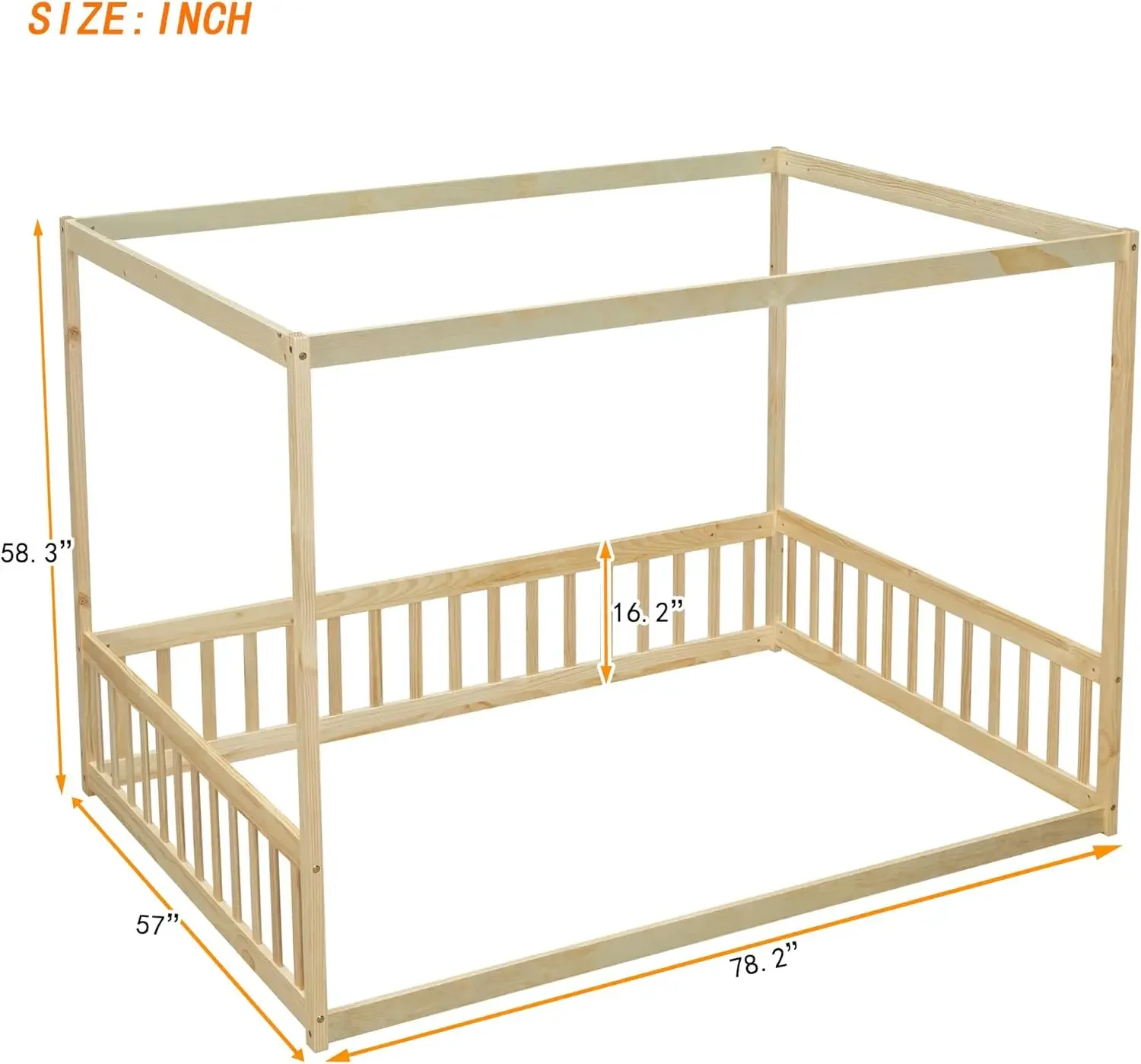 Maat hemelbedframe met leuningen voor kinderen, vloerbed vol met vier posterontwerpen, kinder Montessori vloerbed, houten hemelbed