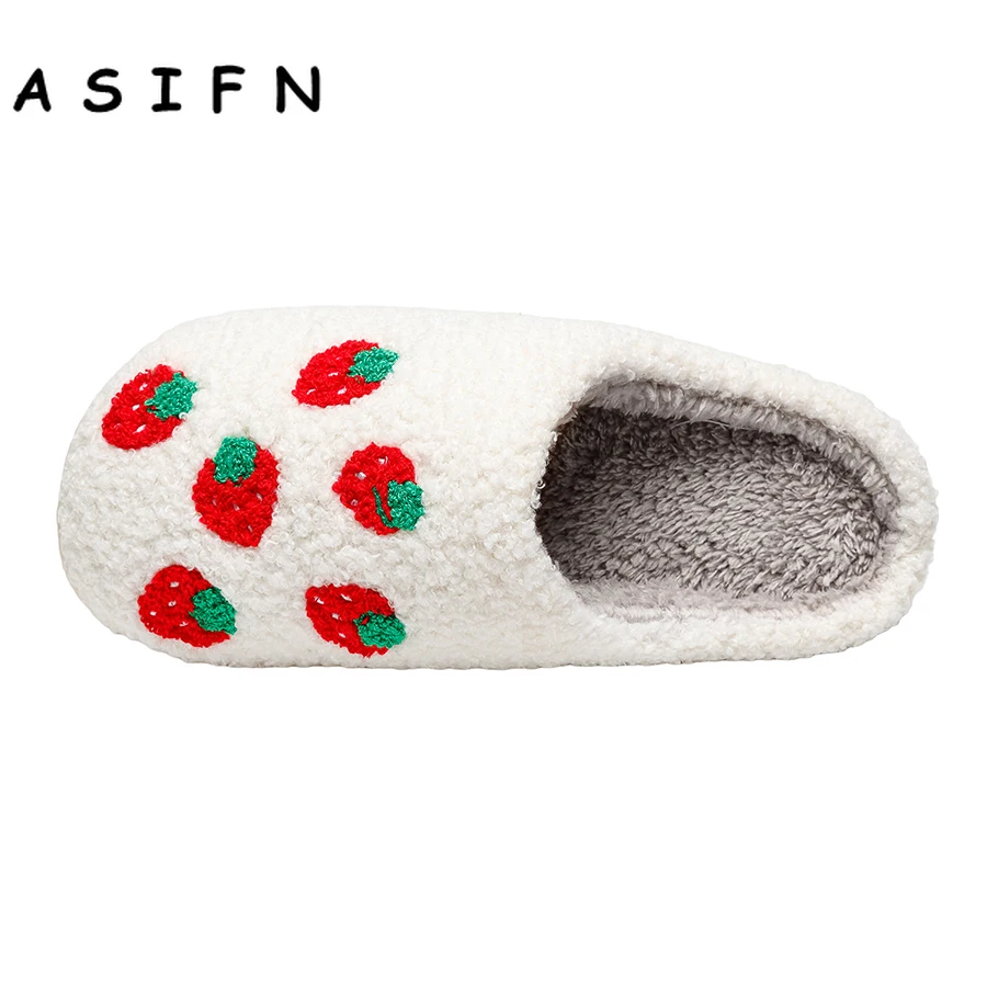 New Cute Strawberry Slippers Soft Fluffy Faux Fur Plush House Shoes Women Female Comfy Home Flat Slip-on Slides Chaussure Femme