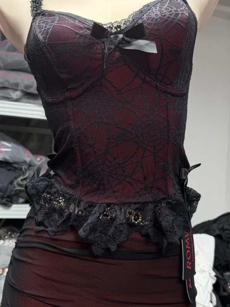 

Gothic niche spider web camisole vest sexy hot bow lace subculture vest y2k slim fit T-shirt summer new 2000s women's top