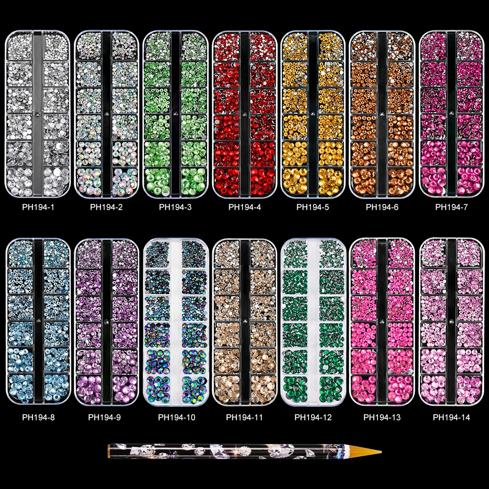 12 Gitter grüne Glaskristall-Edelsteine Nail Art Strasssteine mit Picker Mix SS6-SS30 Mini-Diamantperlen mit flacher Rückseite, glänzende 3D-Nagel-Charms