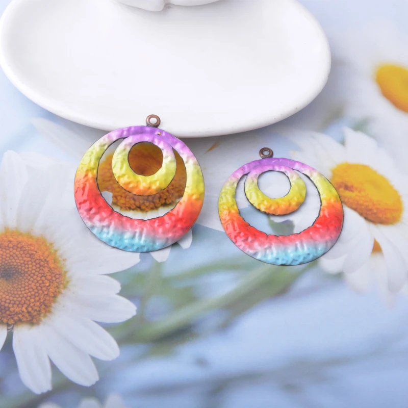 8 Stück/Set Sommer-Stil Eisen Regenbogenfarben Geometrie Herz Runde Anhänger Schmuckzubehör Bemalte Ohranhänger Damen DIY Accessoires – Detail 20