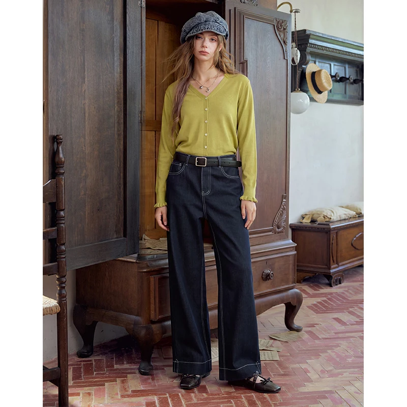 ELFSACK Women Dark Blue Wide‑Leg Jeans with Contrast Stitching, High Waist Loose Denim Trousers for Daily Wear