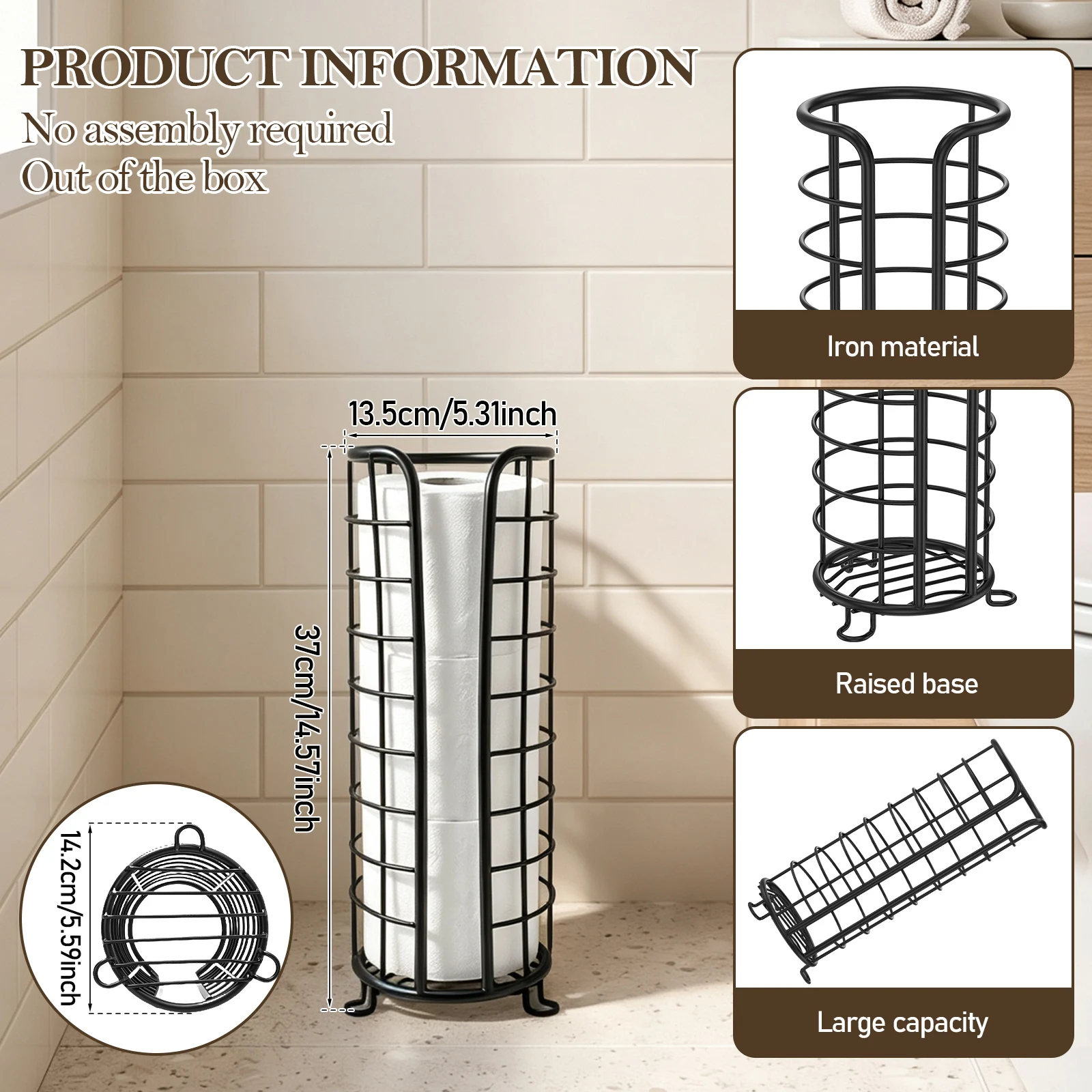 Toilet Roll Storage Rack Metal Floor Standing Toilet Paper Holder with Raised Feet Tissue Roll Holder for Home Bathroom Decor