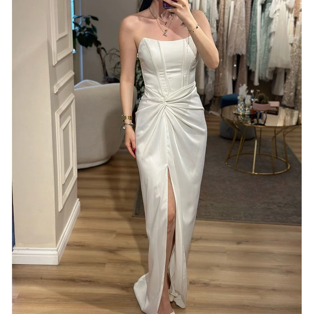 Sexy Women White Prom Dress Sleeveless Pleat Side Split Floor Length Special Occasion Evening Gowns Custom Made Vestidos