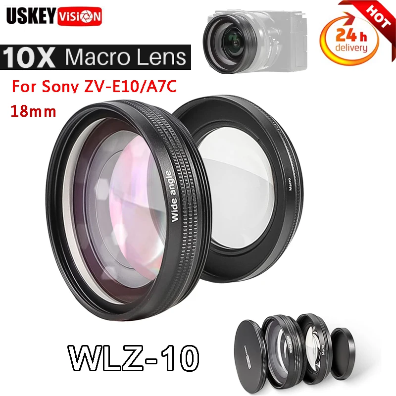 USKEYVISION for Sony ZV-E10 / A7C Camera Wide Angle and Macro Lens,18mm Wide Angle/ 10X Macro 2-in-1 Attached Lens Kit WLZ-10