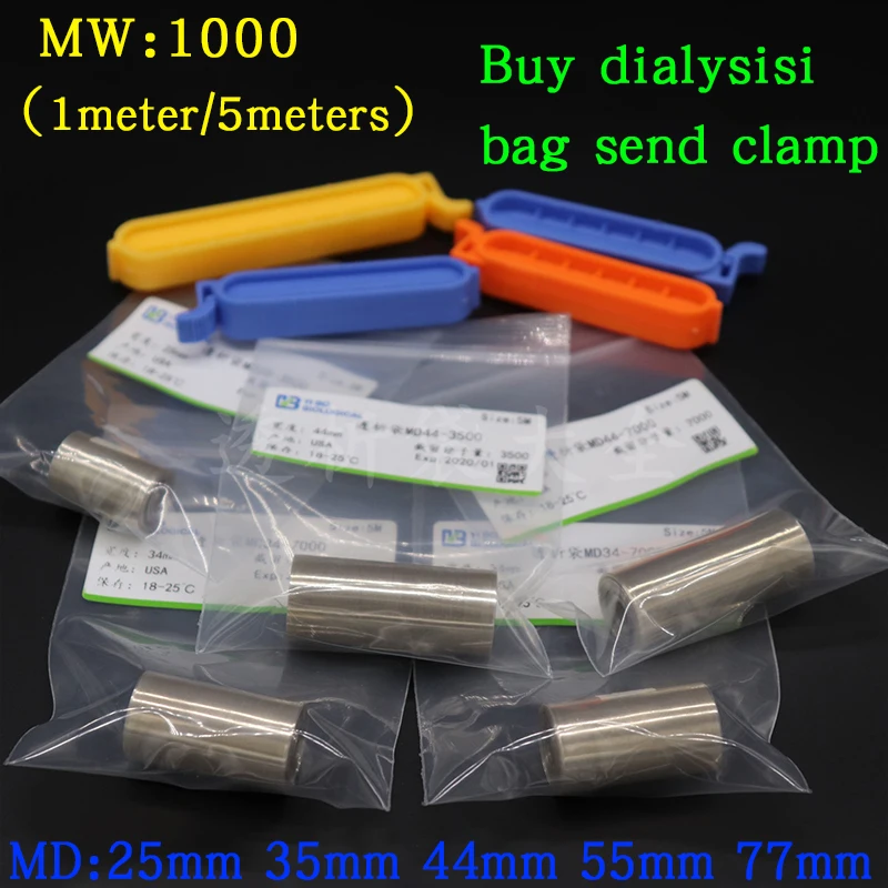 1meter/5meters  laboratory MW 1000 Regenerated cellulose dialysis bag, RC dialysis tubing, MD25/34/44/55/77mm dialysis bag