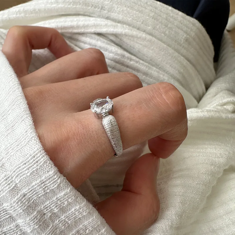 S925 Sterling Silver Frosted Brushed Ring with Diamonds, Simple Medieval Personality Niche Light Luxury Adjustable Ring 0149A