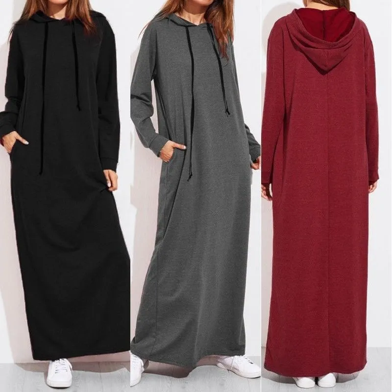 Hooded Long Hoodie Dress Women Muslim Casual Clothing 2024 Eid Sweatshirt Long Dresses Khimar Turkey Robe Ramadan Islam Abaya