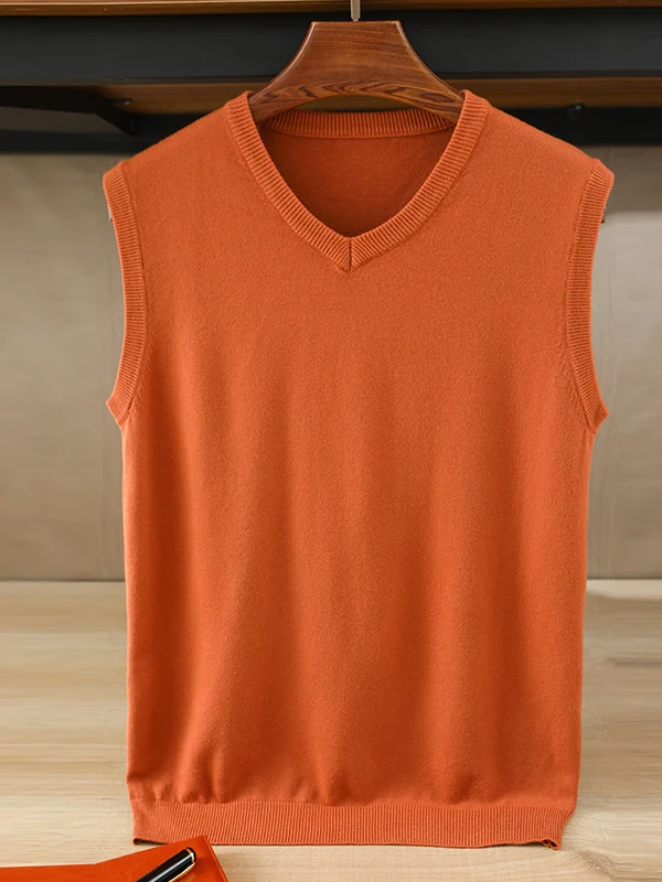 Loose Men's V-Neck Sweater Vest Spring Autumn Sleeveless Pure Color Wool Knitted Top Casual Trendy Large Size Fashionable