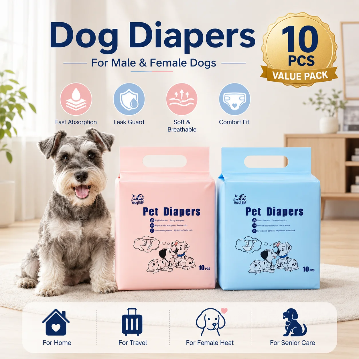 10 pieces of disposable dog diapers, leak-proof, highly absorbent, quick-drying, soft and suitable for travel, with adjustable waistband
